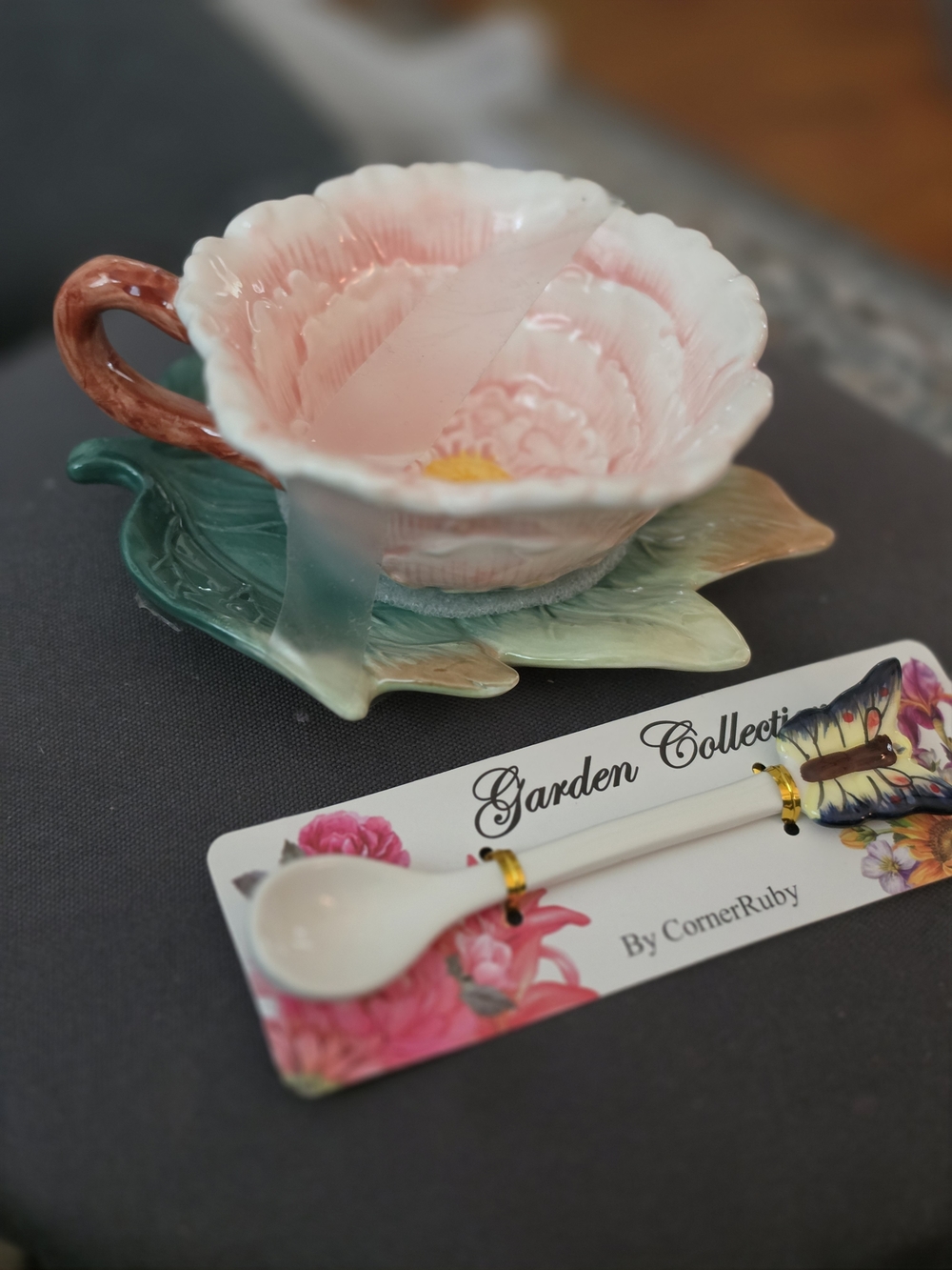 Pink Floral Ceramic Teacup with Leaf Saucer and Spoon